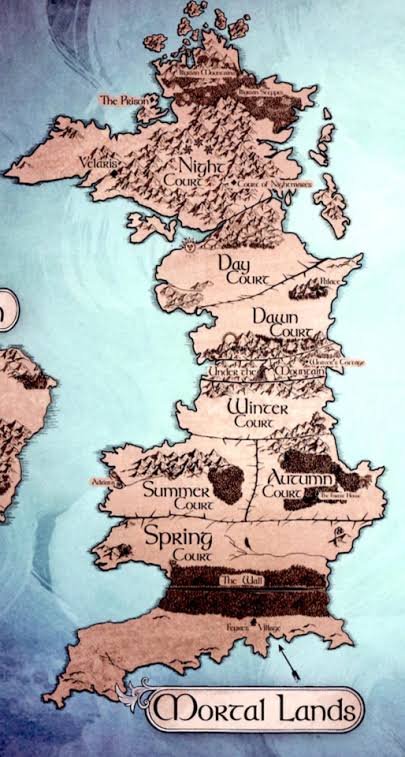 A map of Prythian (check out how little territory the poor mortals have) .